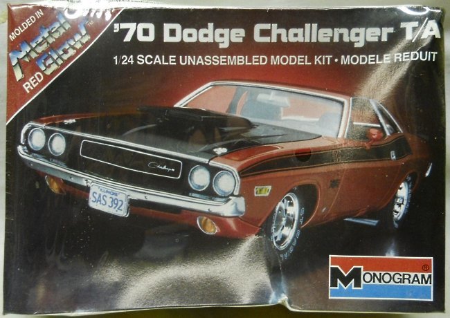 Monogram 1/24 1970 Dodge Challenger R/A - Molded In Red Metalglow Plastic, 2214 plastic model kit